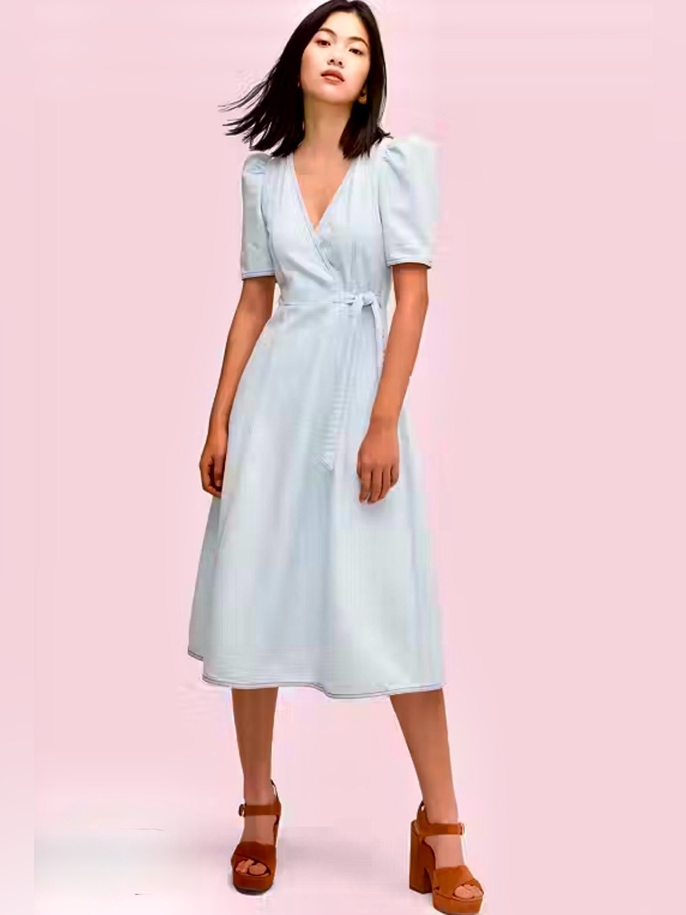 kate spade Light Blue Wrap Midi Dress with Puff Sleeves